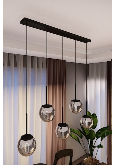 Dora Siyah Metal Gövdeli 5'li Füme Cam Avize