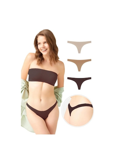 Lazer Kesim Kadın Tanga Külot 3'lü Paket-2 Renkli-3 Çok Renkli