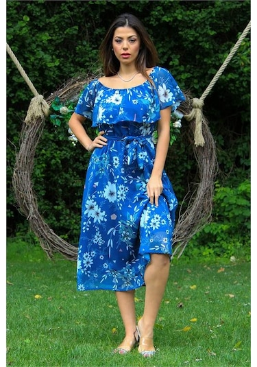 Neşeli Butik Kadın İndigo Bağlama Detaylı Madonna Yaka Şifon Elbise Nb100371 Indigo