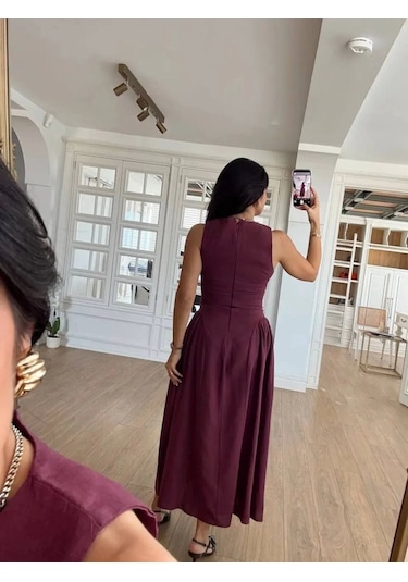 Moda Assema Kolsuz Uzun Kabardin Elbise - Bordo Çok Renkli