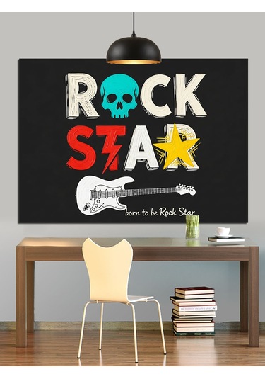 "rock Star" Afişi Ve Gitar Dekoratif Kanvas - Mdf Ahşap Tablo