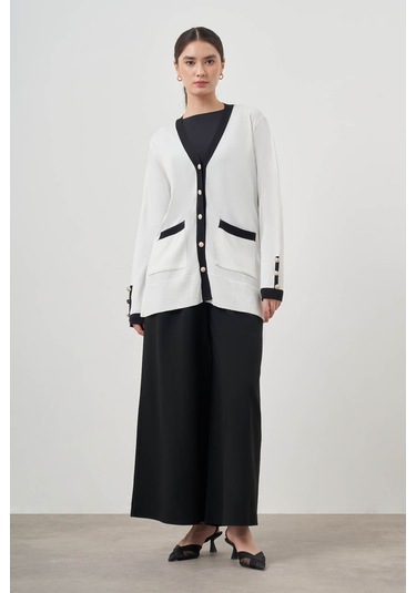 Mizalle Şeritli Rayon Ekru Hırka Ekru