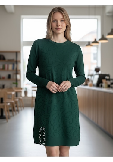 Kadın Önü Desenli Etek Yan Ucu Boncuklu Düşük Kol Tunik Zümrüt