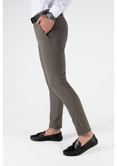 Açık Kahve Çizgili Slim Fit Pamuklu İtalyan Kesim Pantolon Açık Kahve