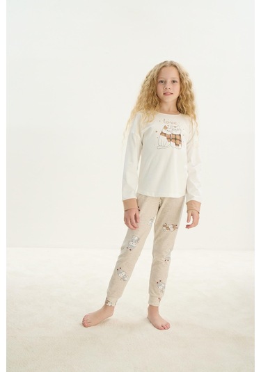 Kız Çocuk Uzun Kol Ekru Pijama Takım C2t4n7o8 001