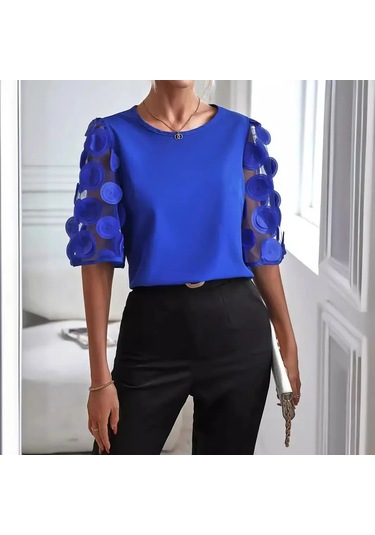 Anatoliadelight Kadın Dantel Uzun Kollu Bluz - Yaz Ve Sonbahar Moda Gömlek Mavi S