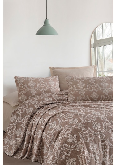 Enlora Home Baskılı Pike Takımı Çift Kişilik Pure Kahve Kahverengi