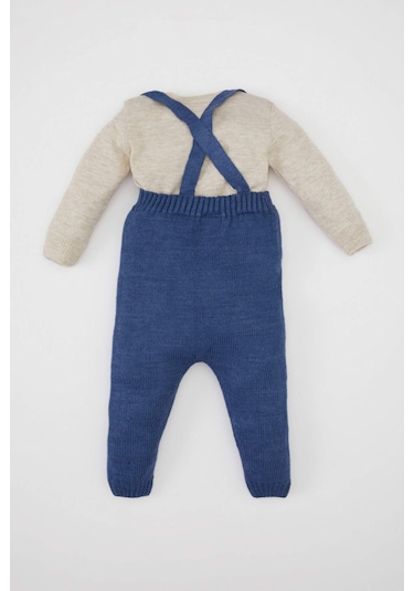 Defacto Erkek Bebek 2'li Takım Uzun Kollu Nakış Bisiklet Yaka Triko Kazak Ayarlanabilir Askılı Örgü Desenli Triko Salopet C9592A524AUBE341 Mavi
