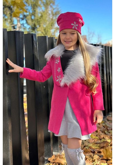 Riccotarz Kız Çocuk Yakası Kürk Ve Yonca Detaylı Etekli Fuşya Kaşe Fuşya