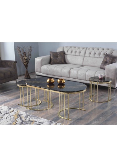 Premium Oval 2+1 Coffee Table Membrane Mdf Orta Sehba Lüx Zarif Tasarım Premium Siyah Gold