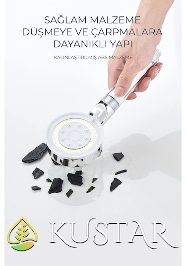 Kustar 5 Fonksiyonlu Krom Beyaz Çelik Filtreli Kireç Önleyici Yüksek Basınçlı Tasarruflu Banyo Duş Başlığı Diğer