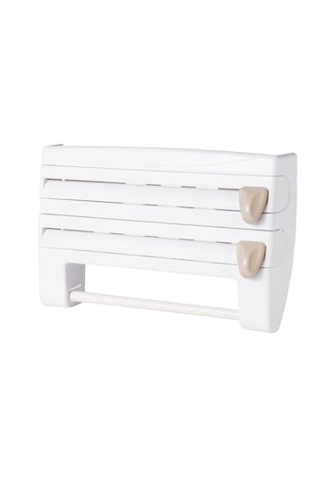 3'ü 1 Arada Mutfak Depolama Rafı Plastik Sarma Folyo Dispenseri Film Depolama Rafı Kesici Kağıt Havlu Tutucu Rulo Kağıt Havlu Rafı Gümüş