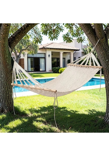 Lüks Çift Kişilik Makrome Örgü Hamak Bahçe Salıncağı Bahçe Mobilyası 130x200cm Ekru