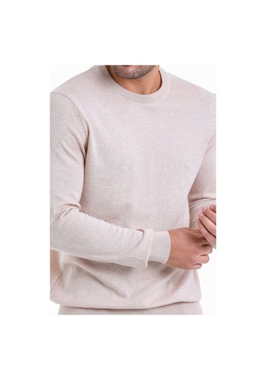 Hatemoğlu Erkek Regular Fit Düz Pamuk Bisiklet Yaka Triko Kazak - Bej