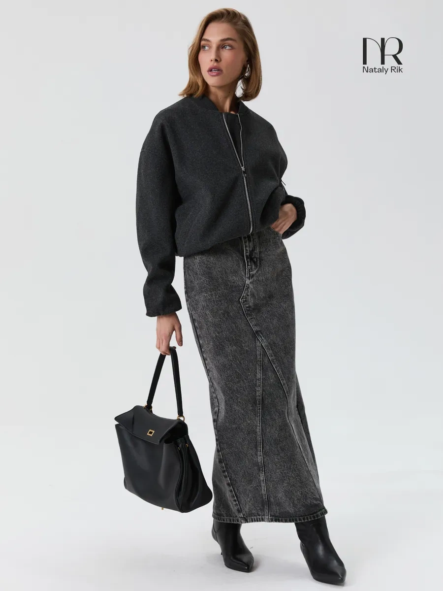 Nataly Rik Yırtmaço Detaylı Uzun Kot Etek 328113306 Gri