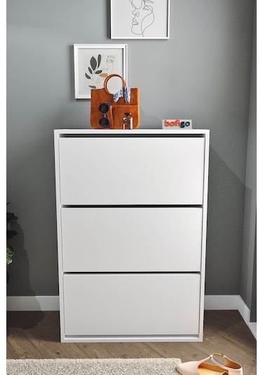 Bofigo Düşer Kapak Ayakkabılık Kayar Raflı Ayakkabılık 3 Bölmeli Ayakkabılık Melek Beyaz