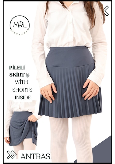 Kız Çocuk Pileli Etek Antrasit Yüksek Bel İçi Şortlu Likra Kumaş Okul-oyun-spor-etkinlik Eteği 4103 Antrasit / Gri