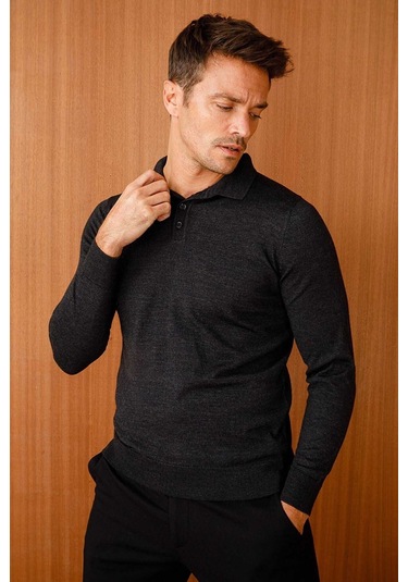 Desen Triko Erkek Basic Polo Yaka İnce Triko Kazak 02421601 Siyah Siyah