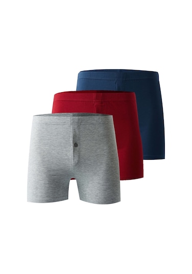 Josejuan 3'Lü Erkek Boxer Düğmeli Koton Likralı 1010-Gri Melanj - Bordo - Indigo