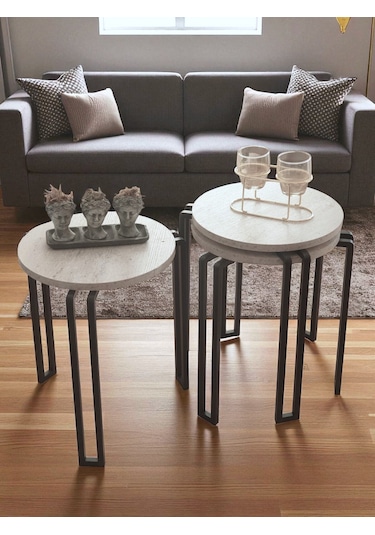 Zigon Sehpa Metal Ayaklı Beyaz Ahşap Yuvarlak Misafir Sehpası 3'lü