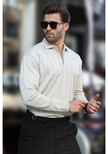 Madmext Bej Polo Yaka Fermuarlı Örme Kazak 7242-bej Bej