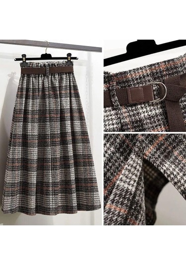 Fastbuy Sonbahar Kış Kadın Yüksek Bel A-line Vintage Ekose Elastik Bel Yün Ekose Gri Etek Gri