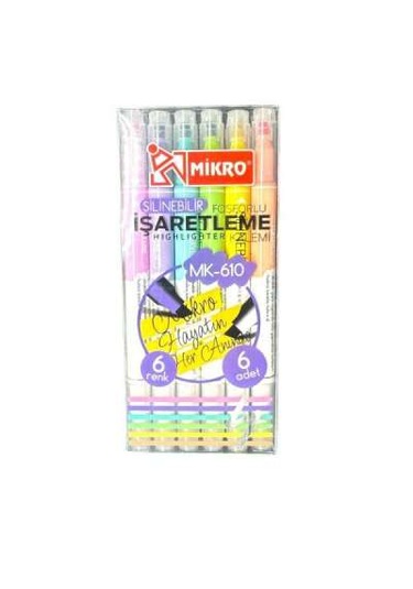 Mikro Silinebilir Fosforlu Kalem 6 Lı Paket Çok Renkli