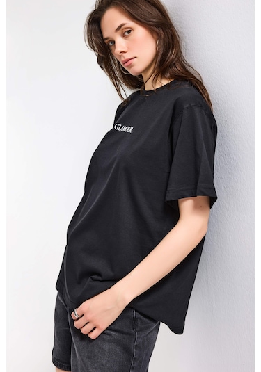 Itsbasic Kadın Siyah S6-1 Oversize Glamour Baskılı %100 Koton T-shirt