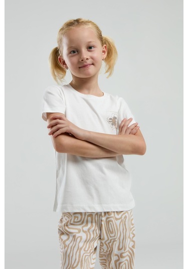 Arnetta 3303 Kız Çocuk Desenli Bisiklet Yaka Şortlu Kısa Kol Pijama Takım Bej