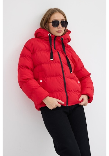 Çift Cepli Fermuarlı Su İtici Kumaş Normal Kesim Dolumlu Şişme Kadın Kırmızı Mont Tbmnt005 Kırmızı
