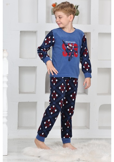Yeni Sezon Sonbahar/kış Erkek Çocuk Skate 8 Desenli Polar Pijama Takımı 4536 Mavi