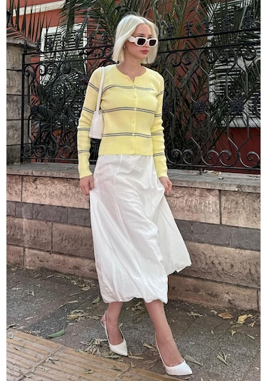Madmext Sarı Çizgili Kadın Triko Hırka Mg2481 Sarı