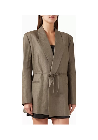12storeez Kemerli Relax Fit Keten Blazer Kahverengi