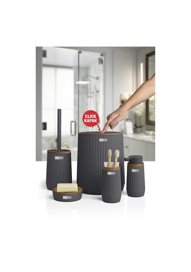 Okyanus Home Nida Antrasit Ahşap Desenli Eko 5'li Banyo Seti Antrasit