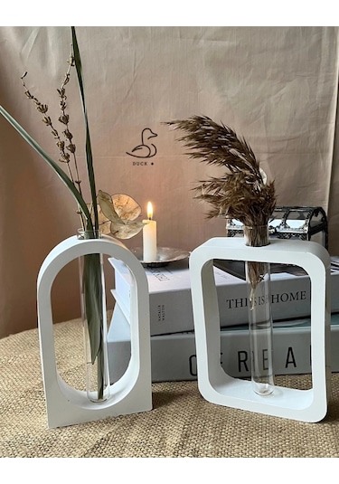 Modern Geometrik Cam Tüplü Vazo Set 4 Lü 12-16cm Taş Tozu Beyaz