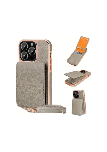 Turcoshop11 İphone 16 Promax İçin Siyah Yapay Deri Çapraz Telefon Kılıfı Kart Yuvası Askı Ve Ayak