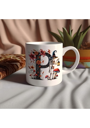 P Harfi Şapkalı İskelet Figürlü Ve Çiçekli Kupa Bardak - Cadılar Bayramı / Halloween Özel Hediye Beyaz