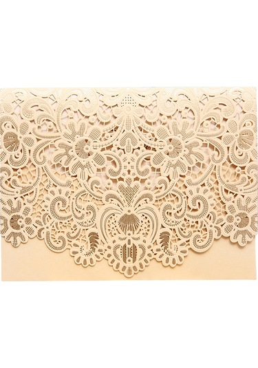 Shineyee 10 Adet Şampanya Renkli Delikli Desenli Davetiye Seti - Nişan, Düğün, Doğum Günü İçin Zarf + Kılıf + Boş İç Sayfa