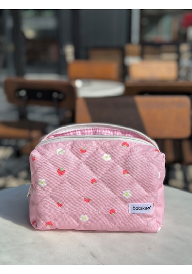 Batekso Mini Çilek Desenli Makyaj Çantası  Büyük Boy