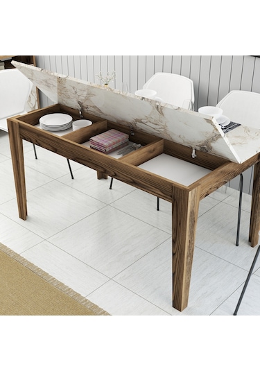 Milan Yemek Masası - Ceviz / Beyaz Mermer