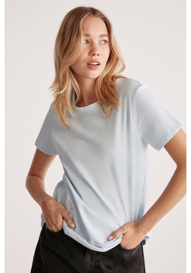 GRIMELANGE Samantha Kadın %100 Organik Pamuklu Comfort Fit Arkası Uzun Basic Örme Açık Mavi T-shirt Açık Mavi