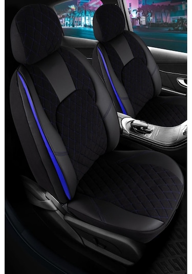 Fiat Egea Sedan Lüx Yarı Deri Oto Koltuk Kılıfı Ön Arka Takım Chester Siyah Mavi