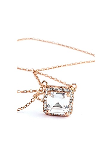 Baget Swarovski Taşlı 925Ayar Gümüş Rose Kare Tek Taş Kolye