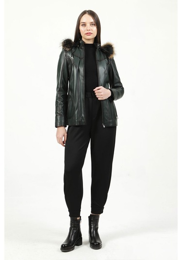 Dericlub Mistral Kadın Kapüşonlu Hakiki Deri Kaban Yeşil Yeşil