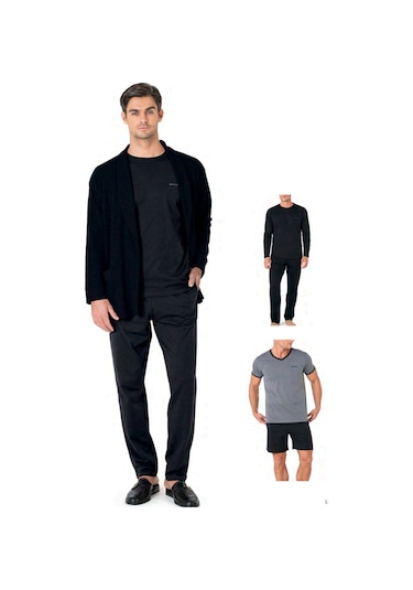 Pierre Cardin 5640 Erkek Triko Sabahlıklı 5'li Pijama Takım-siyah Siyah
