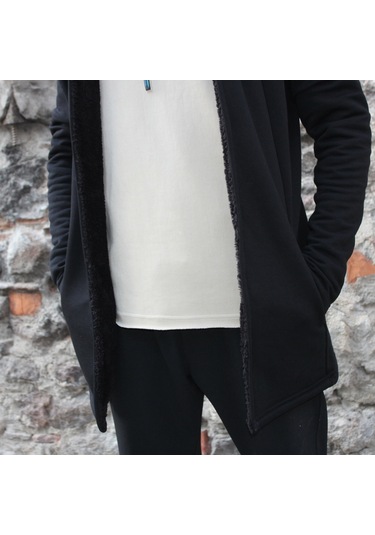 3 İplik Şardonlu Polar İçi Peluş Detaylı Kapşonlu Panço Ceket Siyah