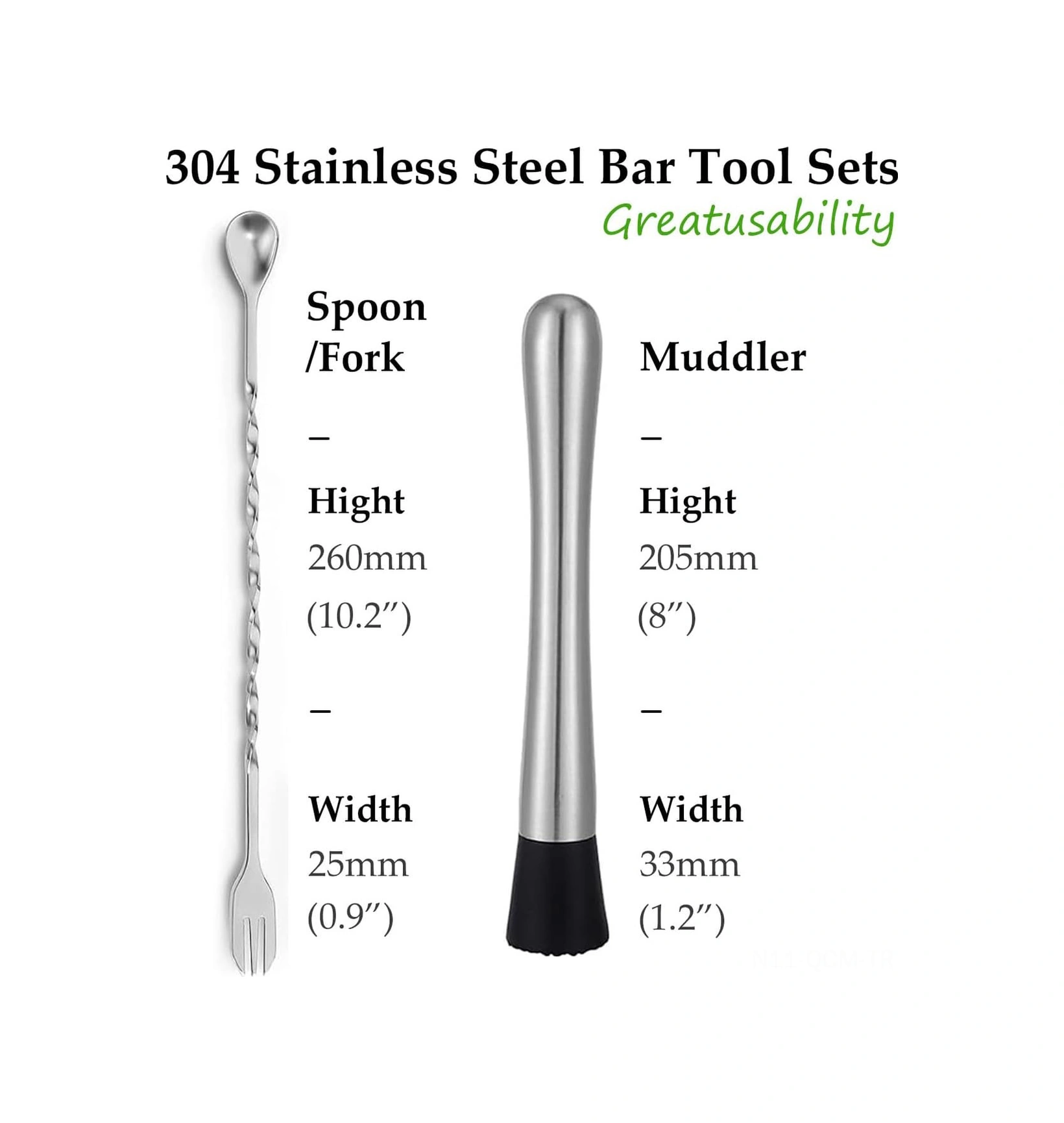 Qingmipy 10 İnç Paslanmaz Çelik Kokteyl Muddler Ve Uzun Saplı Karıştırma Kaşığı - Mojito Ve Meyve İçecekleri İçin Bar Aksesuarı Takımı Gümüş