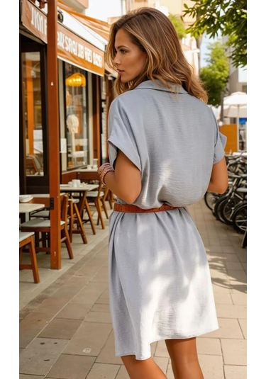 Kadın Bol Kesim Polo Yaka Kısa Kollu Günlük Kısa Midi Elbise Dizüstü 2883220 Pudra