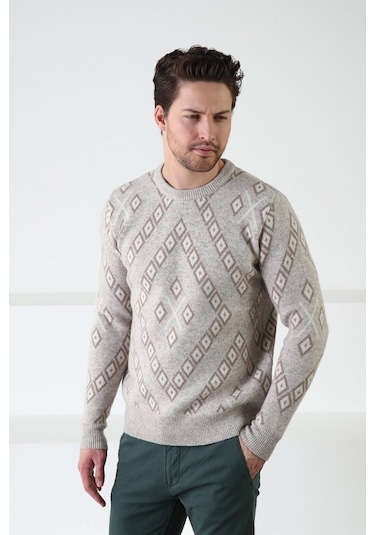 Ferraro Bej Kare Desenli Bisiklet Yaka %100 Kuzu Yünü Erkek Kazak Bej