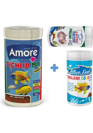 Cichlid Mix 1Lt Malawi Colour 250ml Spirulina Garlic 100ml Kutu